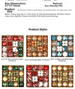 Detailed specs of 36-piece PVC Christmas ball sets in multiple colors and sizes