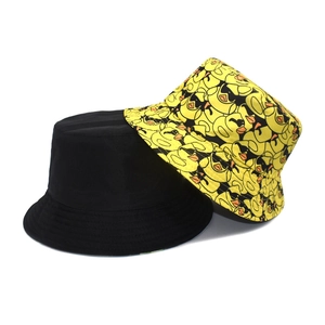 Fashionable sun bucket hats set featuring solid black and yellow cartoon duck patterns