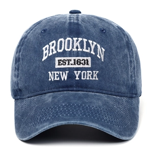 Front view of navy washed cotton Brooklyn embroidery baseball cap with 1634 New York logo