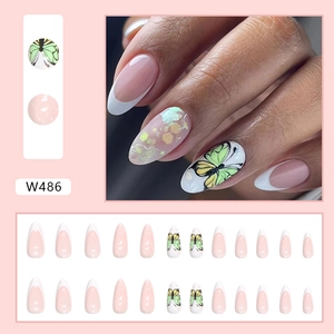 Medium long butterfly press-on nails with ice translucent green butterfly design W486