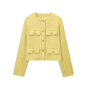 Detail of yellow tweed jacket showing golden buttons and four symmetrical flap pockets