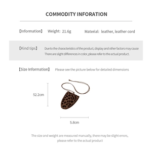 Specifications of leopard print faux leather necklace pouch showing dimensions and 21.6g weight