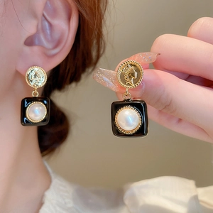 Vintage gold coin earrings with black square enamel charms and white faux pearl centers