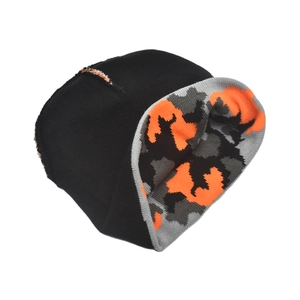 Detail showing double-layer construction of knit beanie with camo pattern lining and black exterior