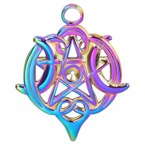 Close-up of a rainbow-colored stainless steel crescent moon and star charm for DIY jewelry