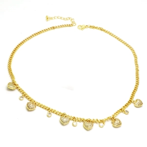 Hip hop gold plated chain necklace with sparkling heart and round zircon charms