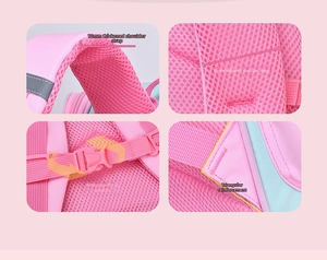 Detail of 10mm thick padded straps and 40mm wide shoulder support on pink school bag