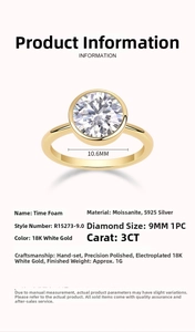 Detail view of 3ct 9mm moissanite solitaire ring in S925 sterling silver with 18K plating