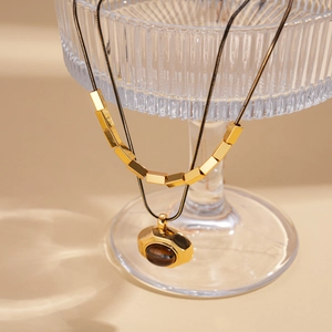 18k gold plated tiger eye stone oval pendant necklace set with vintage geometric beads