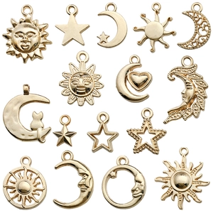 14-piece celestial gold charms set with sun moon and star motifs for DIY jewelry making