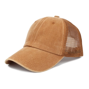 Detail view of khaki washed cotton baseball cap with breathable mesh and reinforced visor