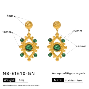 Detailed size specifications for gold stainless steel evil eye earrings with malachite stones