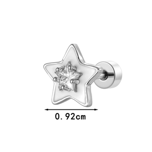 Star-shaped stud earring with white enamel, zircon stone and screw back, size 0.92cm