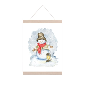 Magnetic wooden poster hanger with watercolor snowman art and a white hanging cord