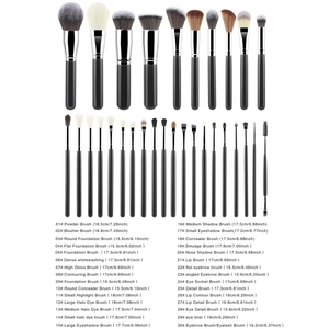 30-piece professional makeup brush set with black handles and silver ferrules on white