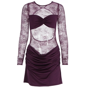 Close-up of intricate lace cut-outs and ruched detailing on purple long-sleeve dress