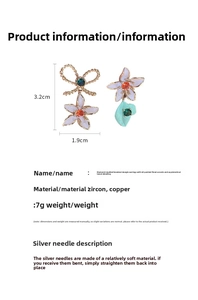 Detailed size chart for asymmetrical flower earrings with zircon and copper materials