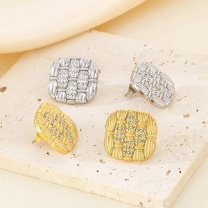 Square Stud Earrings 18K Gold Plated Stainless Steel Woven Texture Rhinestone Geometric Elegant Vintage Fashion Women