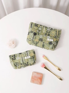 Floral Embroidery Makeup Bag Cotton Linen Large Capacity Portable Cosmetic Pouch Travel Storage Organizer For Women Fresh
