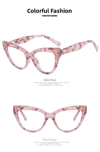 Cat eye glasses frames in jelly pink marble texture with gold rivet details on white background