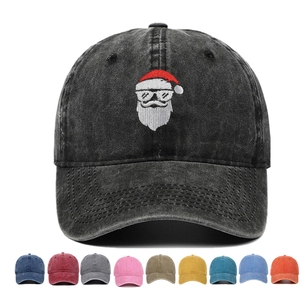 Distressed washed cotton baseball cap with embroidered Santa and nine color variations