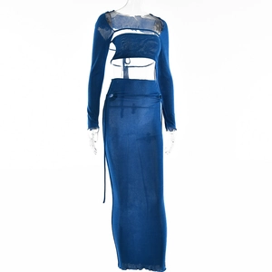 Macro view of dark blue sheer mesh two-piece set featuring long sleeves and hollow-out fabric