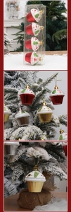 Vue détaillée des ornements de sapin de Noël en forme de cupcake rouge et doré
