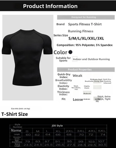 Size chart for men's compression fitness t-shirt detailing length, chest, and sleeve measurements