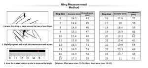 Size guide with measurement steps and diameter chart for meteor double layer star ring