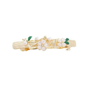Fermaglio per capelli dorato con fiori, perle, farfalle e foglie in smalto