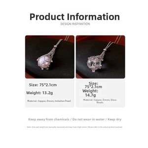Detail view of mesh pendant necklaces with zircon, faux pearls and clear glass beads