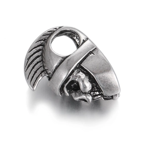 Close-up of silver-plated skull knight bead with vintage finish and zircon teeth