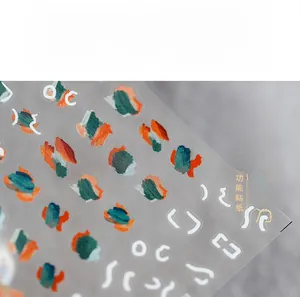 Close-up of abstract oil painting patterns and geometric lines on thin 5D nail stickers