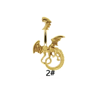 Golden dragon belly button ring with detailed 3D carving and sparkling zircon stones