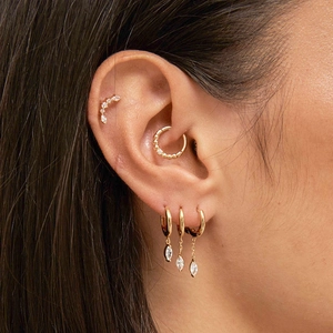 Elegant gold S925 silver needle hoop earring set with white marquise zircon pendants