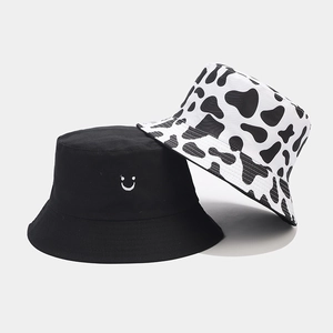 Reversible Bucket Hat Cotton Canvas Cow Print Smiley Face Embroidery Sun Protection Outdoor Travel Sun Hat For Men Women