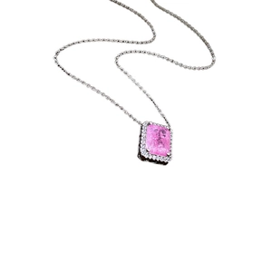 Elegant silver chain necklace with a pink rectangular zircon pendant and crystal halo