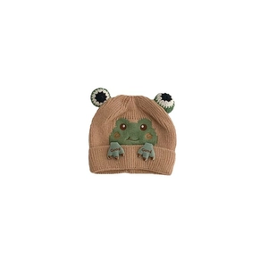 Thick khaki baby knitted hat featuring cute green frog patterns and Good embroidery