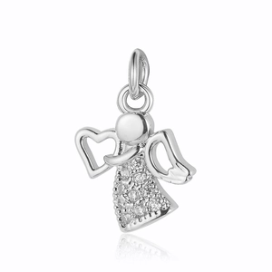 Detailed view of a silver angel pendant with heart wing design and shiny zircon stones