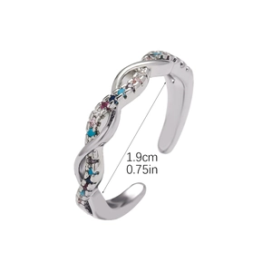 Detailed macro view of adjustable silver twisted ring with colorful zircon stones inlay