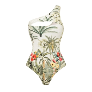 Detail of tropical jungle print one-shoulder swimsuit with stylish cutout design