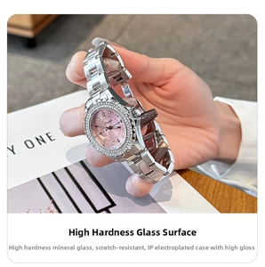 Detailed view of women watch with scratch-resistant glass and IP plated silver case