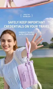 Close-up of a purple nylon travel passport organizer with multi-layer zippers and wrist strap