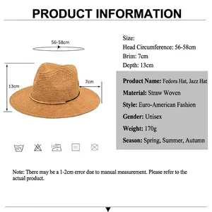 Straw Panama jazz hat with black ribbon and metal buckle, 56-58cm adjustable size