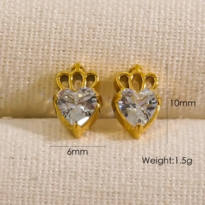 Macro detail showing dimensions of 14K gold plated heart crown stud earrings with zircon