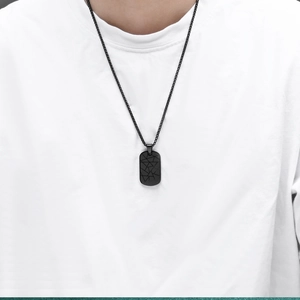 Minimalist black stainless steel rectangular pendant necklace with geometric crack patterns