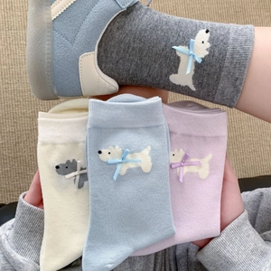 Calze carine in cotone per donna con motivo a cagnolino Westie e fiocchi decorativi