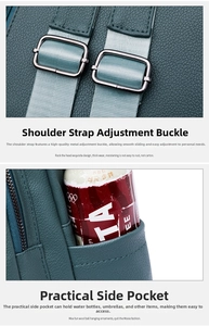 Detail view of adjustable shoulder strap and side pocket on dark green PU leather backpack