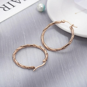 Detail of twisted rose gold titanium steel hoop earrings on elegant grey silk background