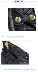 Detail of black lychee leather pouch featuring high quality dual metal button fasteners
